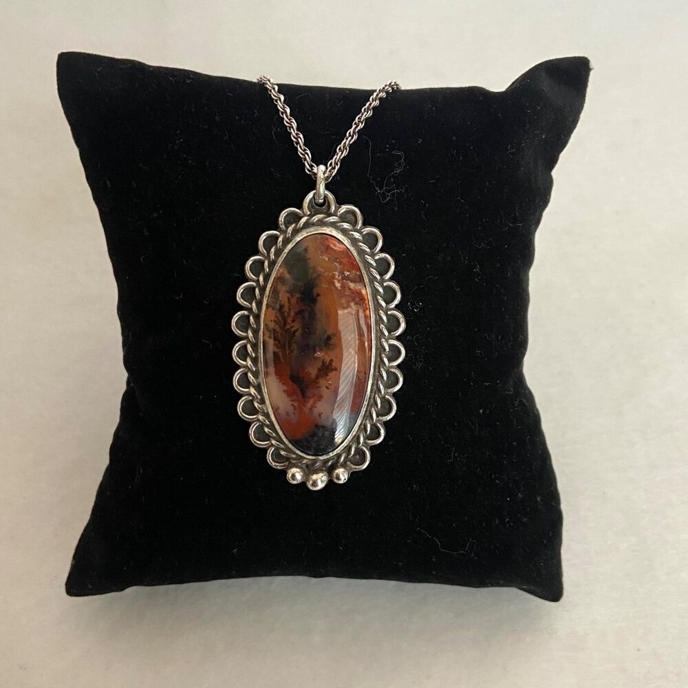 VTG Sterling Silver 925 Oval Dendritic Moss Agate Pendant Necklace 18"
